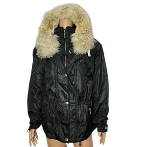 Metropolis Women's Black Hooded Coyote Fur Trim‎ Zip Jacket Coat 8 Medium